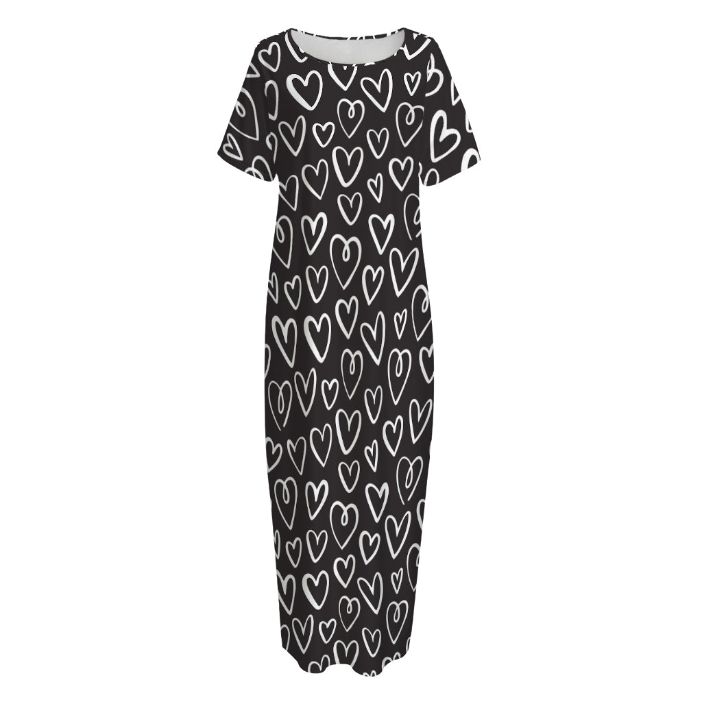 Cute Black And White Heart Pattern Print Short Sleeve Long Nightdress