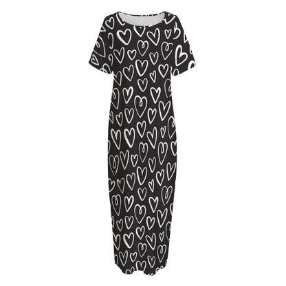 Cute Black And White Heart Pattern Print Short Sleeve Long Nightdress