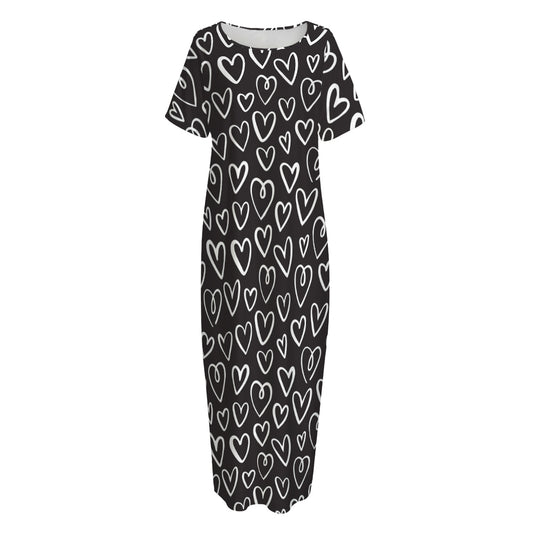 Cute Black And White Heart Pattern Print Short Sleeve Long Nightdress