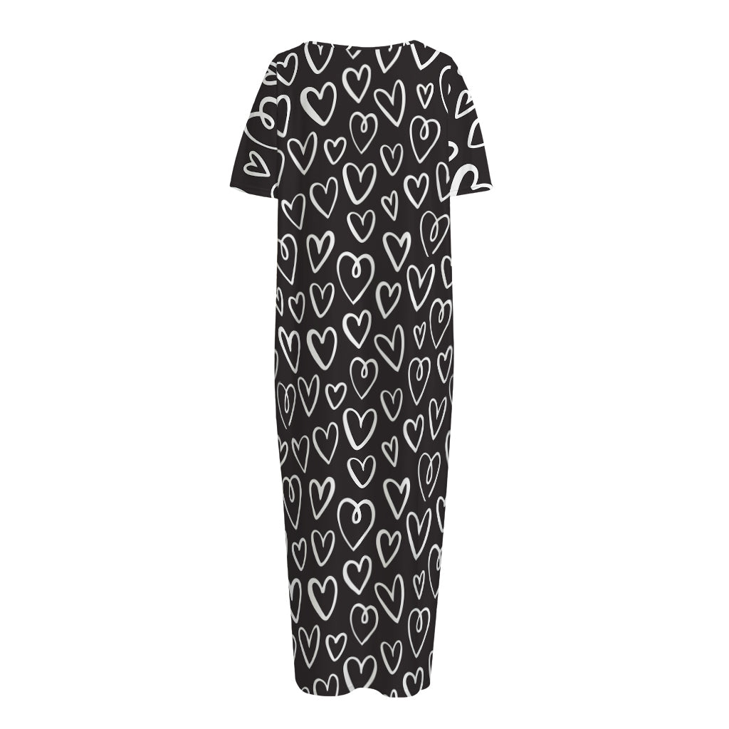 Cute Black And White Heart Pattern Print Short Sleeve Long Nightdress