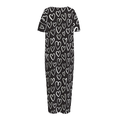 Cute Black And White Heart Pattern Print Short Sleeve Long Nightdress