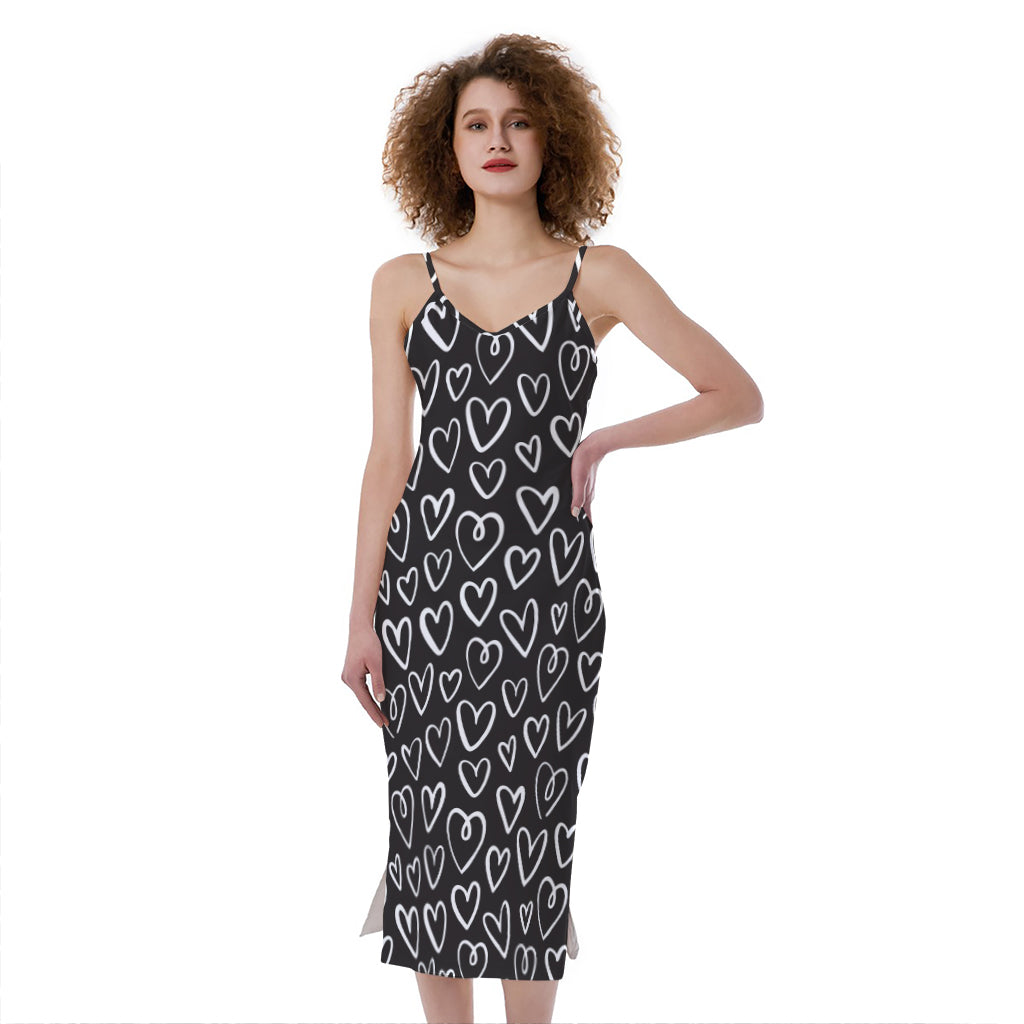 Cute Black And White Heart Pattern Print Slim Fit Midi Cami Dress