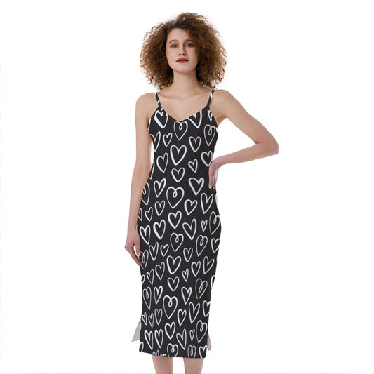 Cute Black And White Heart Pattern Print Slim Fit Midi Cami Dress