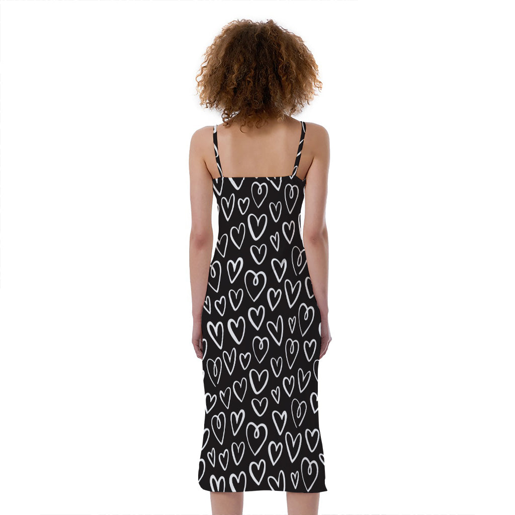Cute Black And White Heart Pattern Print Slim Fit Midi Cami Dress