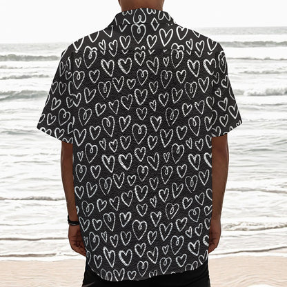 Cute Black And White Heart Pattern Print Textured Short Sleeve Shirt