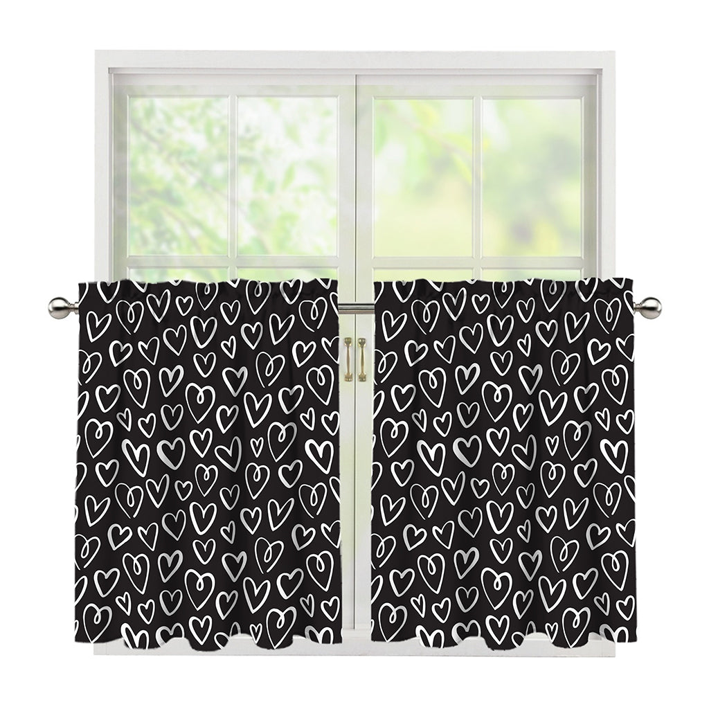 Cute Black And White Heart Pattern Print Tier Curtains