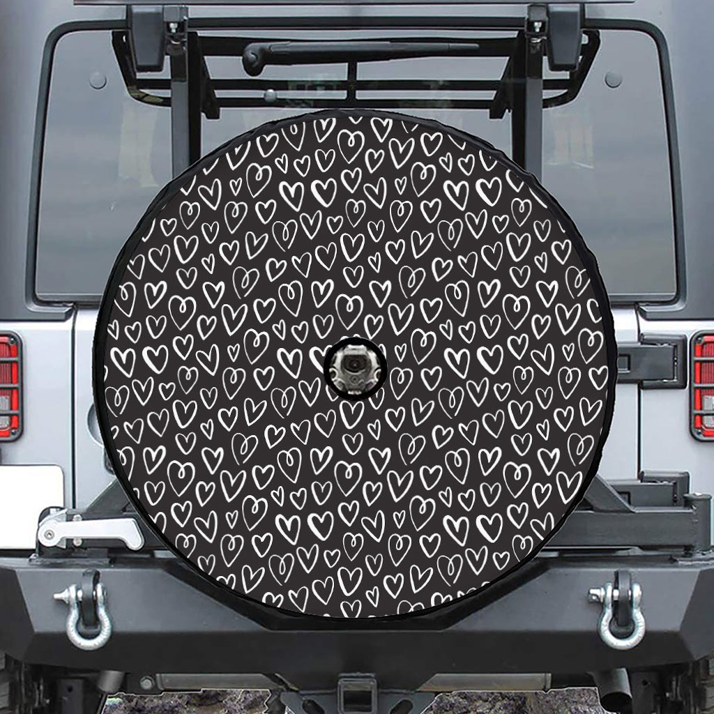 Cute Black And White Heart Pattern Print Tire Cover With Camera Hole