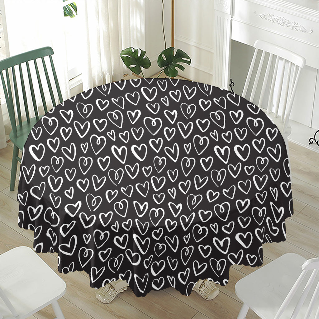 Cute Black And White Heart Pattern Print Waterproof Round Tablecloth