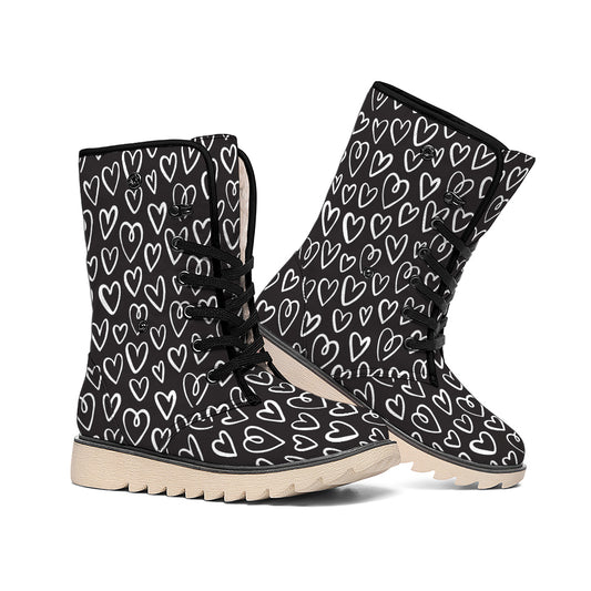 Cute Black And White Heart Pattern Print Winter Boots