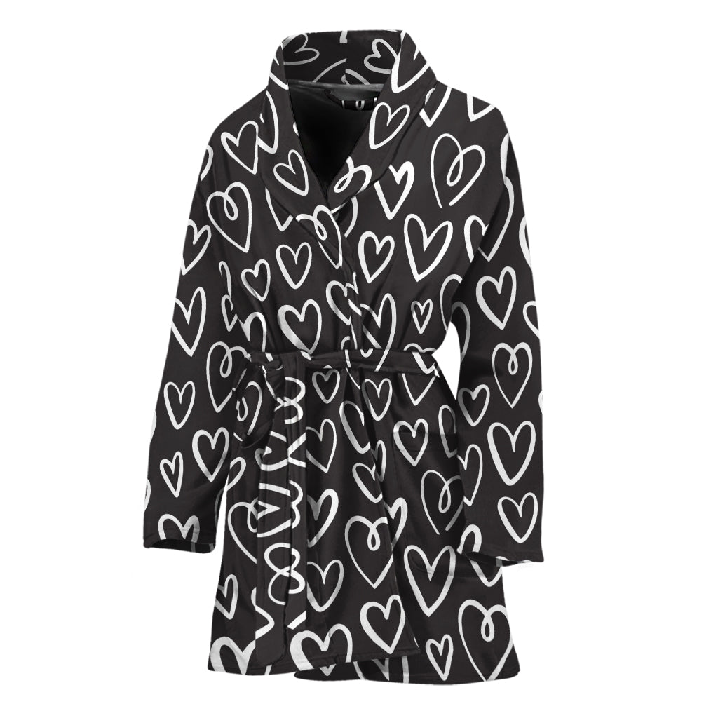 Cute Black And White Heart Pattern Print Women's Bathrobe