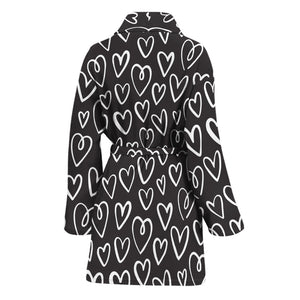 Cute Black And White Heart Pattern Print Women's Bathrobe