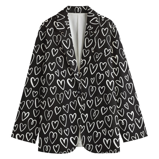 Cute Black And White Heart Pattern Print Women's Blazer