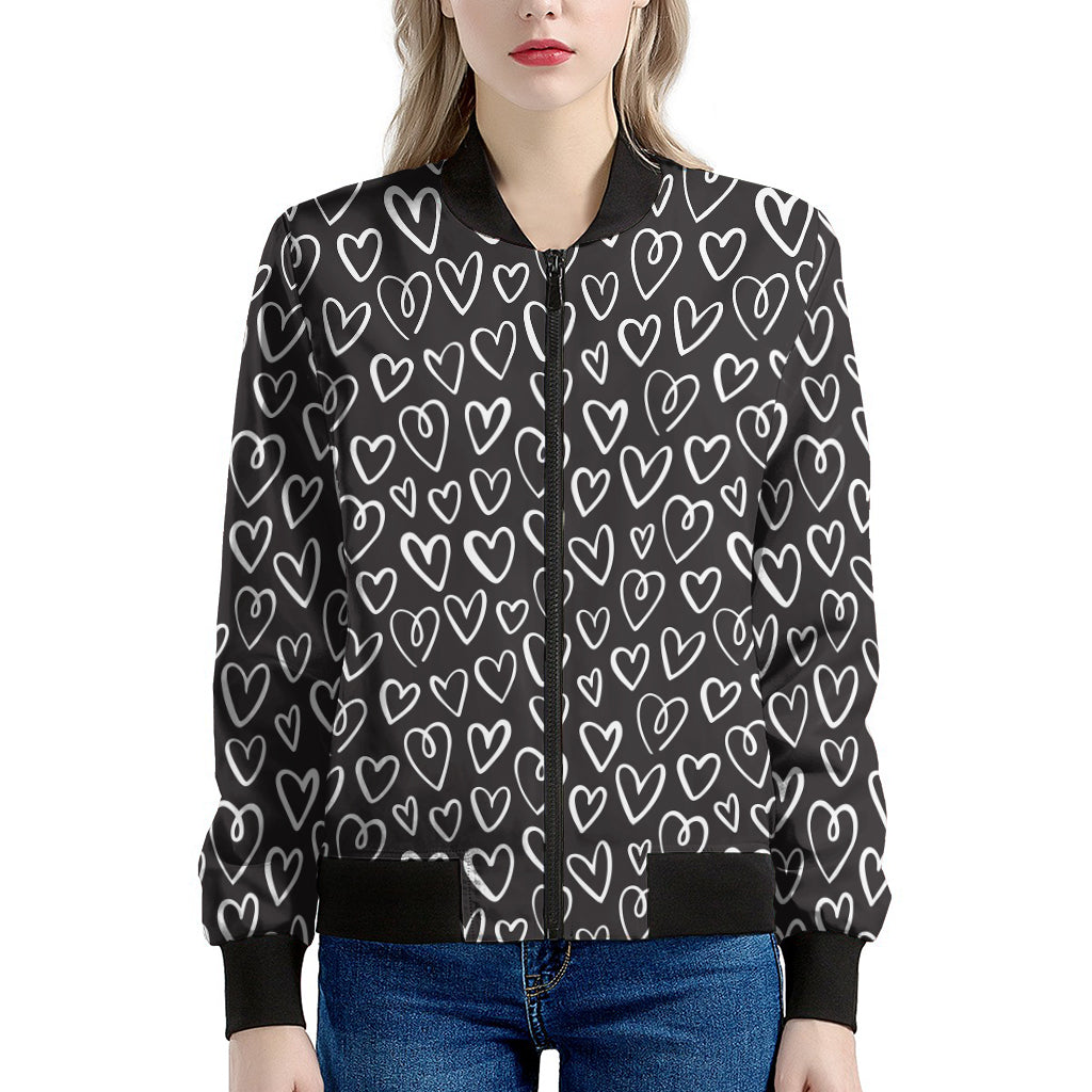 Cute Black And White Heart Pattern Print Women's Bomber Jacket