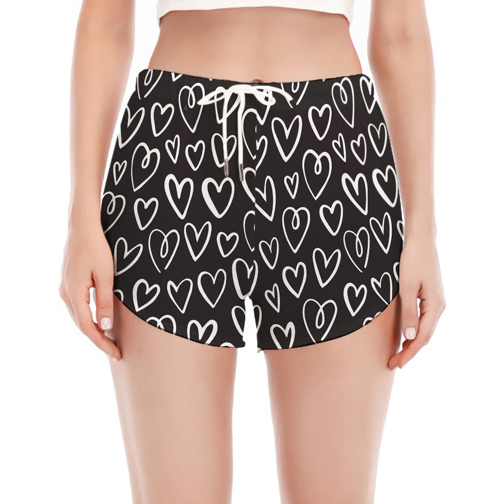Cute Black And White Heart Pattern Print Women's Split Running Shorts