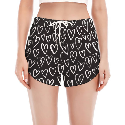 Cute Black And White Heart Pattern Print Women's Split Running Shorts