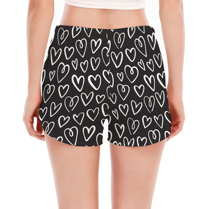 Cute Black And White Heart Pattern Print Women's Split Running Shorts