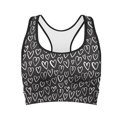 Cute Black And White Heart Pattern Print Women's Sports Bra
