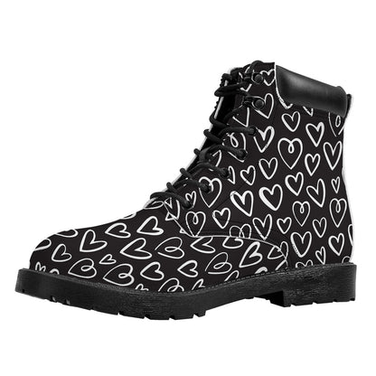 Cute Black And White Heart Pattern Print Work Boots
