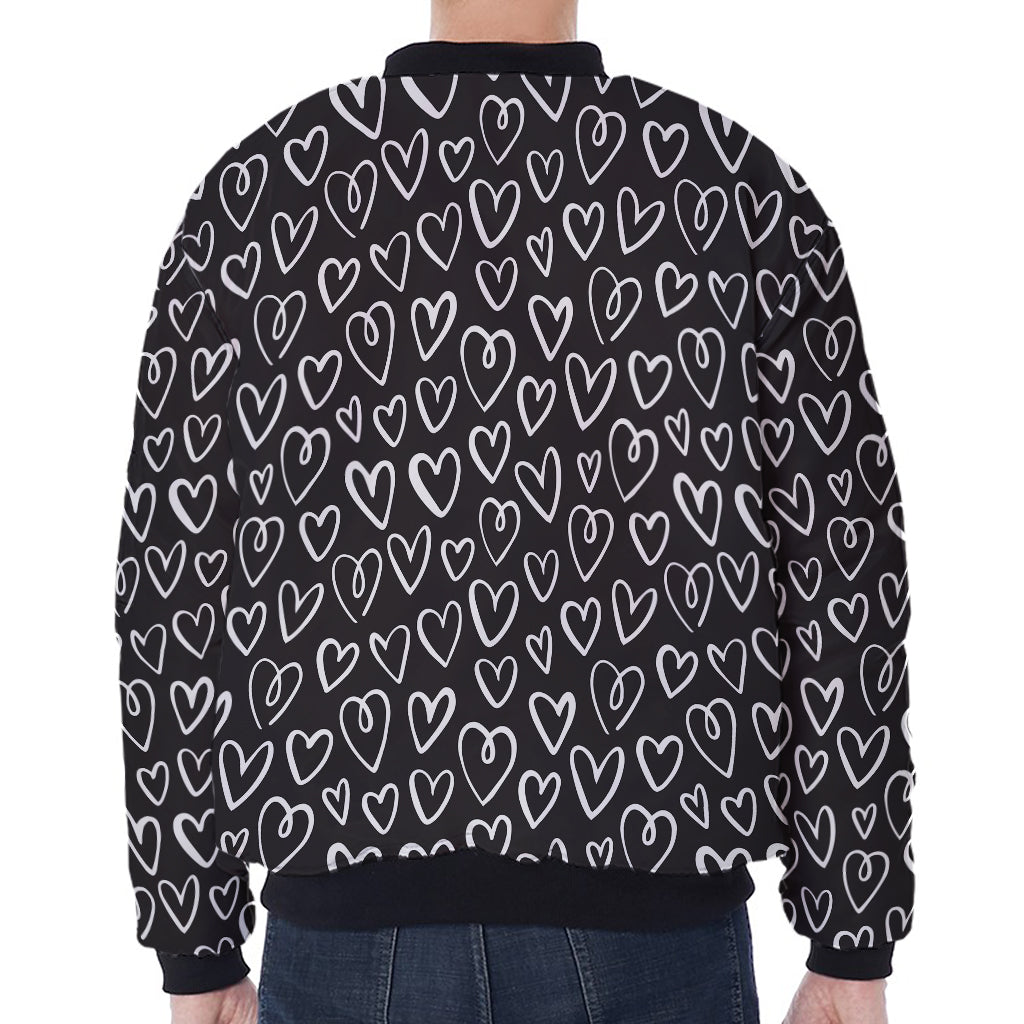 Cute Black And White Heart Pattern Print Zip Sleeve Bomber Jacket