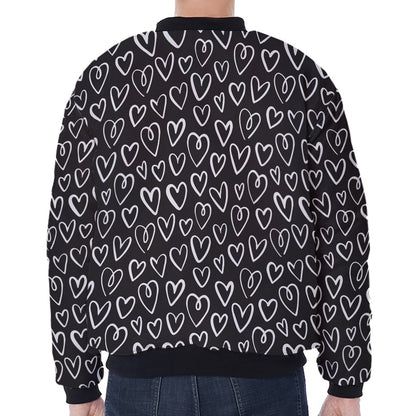 Cute Black And White Heart Pattern Print Zip Sleeve Bomber Jacket