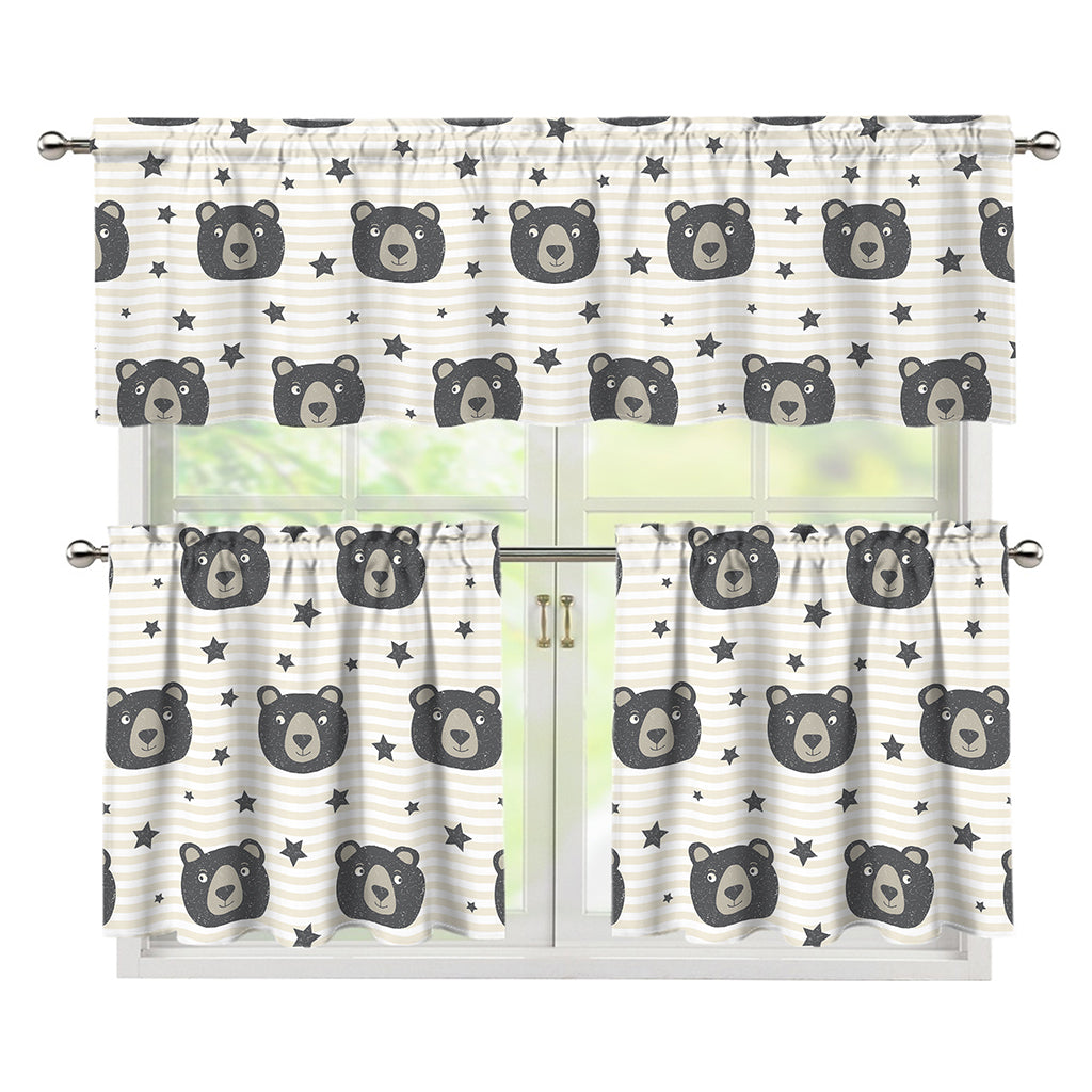 Cute Black Bear Pattern Print 3 Piece Kitchen Curtains