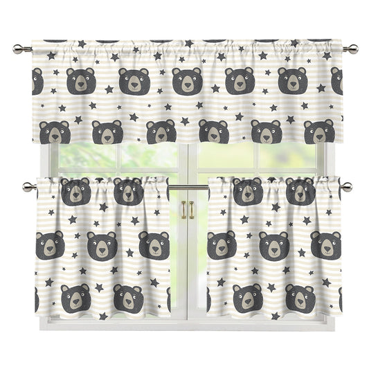 Cute Black Bear Pattern Print 3 Piece Kitchen Curtains