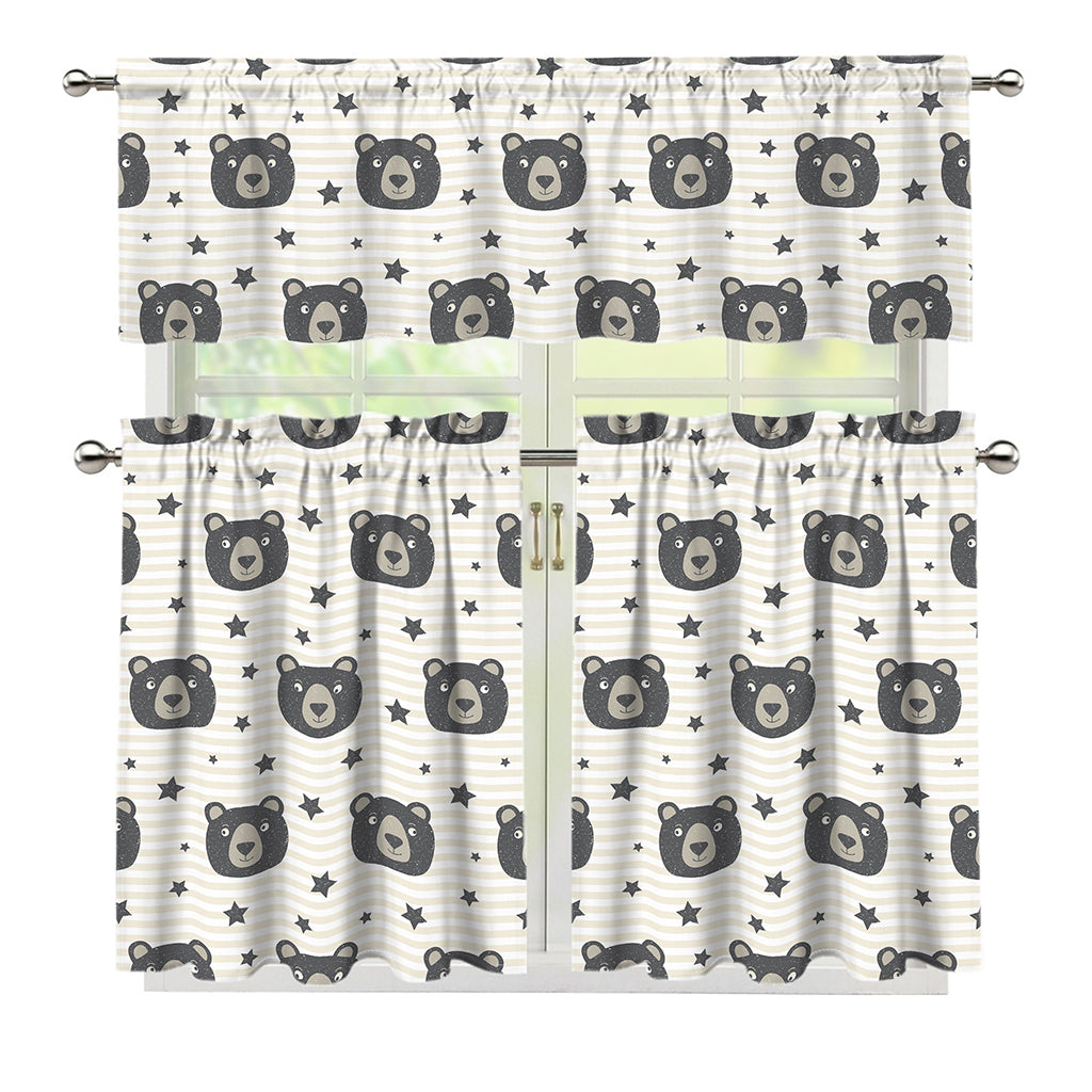 Cute Black Bear Pattern Print 3 Piece Kitchen Curtains