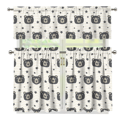 Cute Black Bear Pattern Print 3 Piece Kitchen Curtains