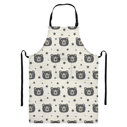Cute Black Bear Pattern Print Bib Apron With Pocket