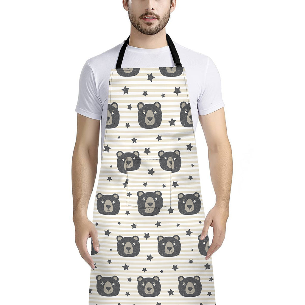 Cute Black Bear Pattern Print Bib Apron With Pocket