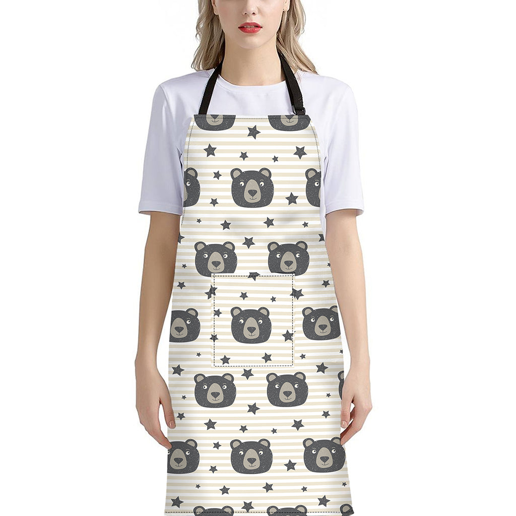 Cute Black Bear Pattern Print Bib Apron With Pocket