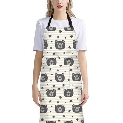 Cute Black Bear Pattern Print Bib Apron With Pocket