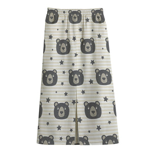 Cute Black Bear Pattern Print Cotton Front Slit Maxi Skirt