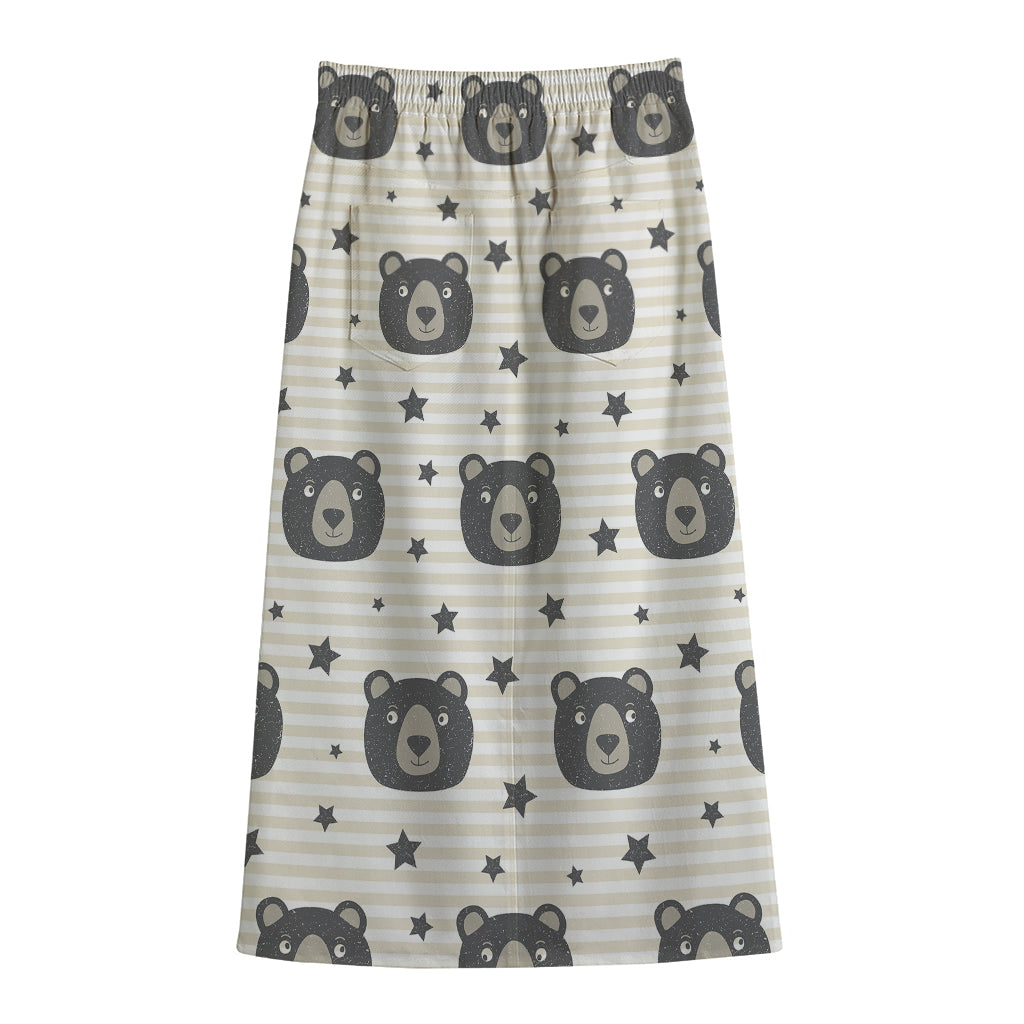 Cute Black Bear Pattern Print Cotton Front Slit Maxi Skirt