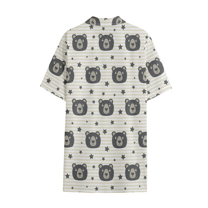 Cute Black Bear Pattern Print Cotton Hawaiian Shirt