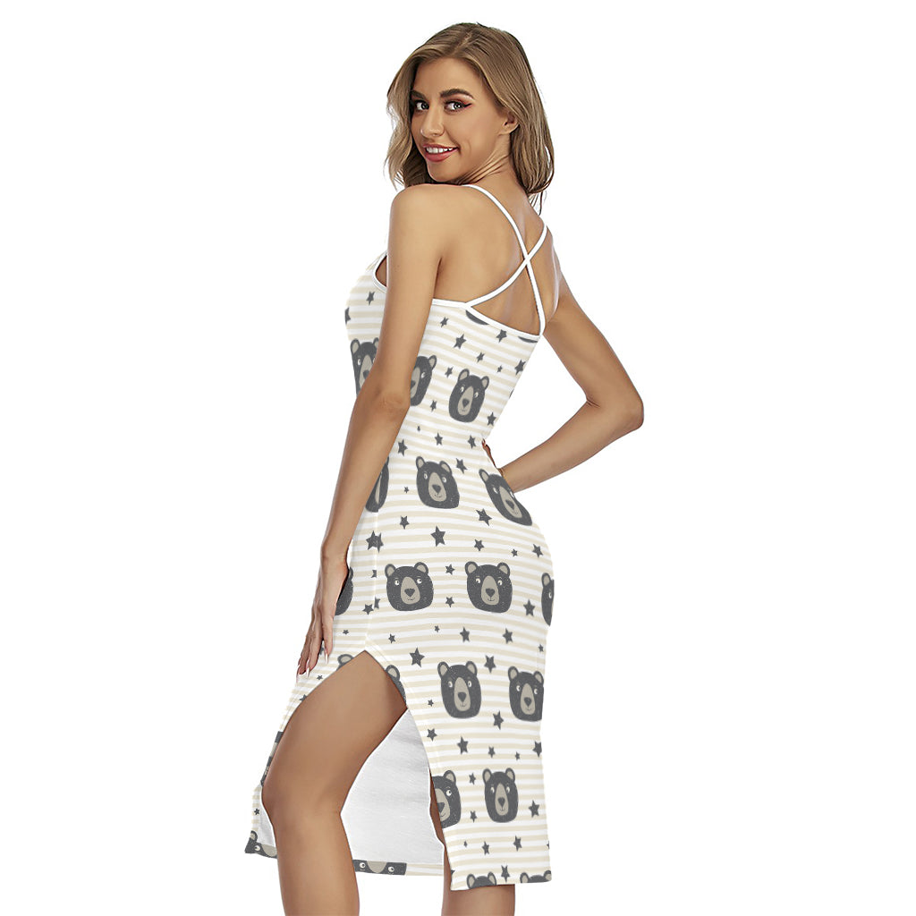 Cute Black Bear Pattern Print Cross Back Cami Dress