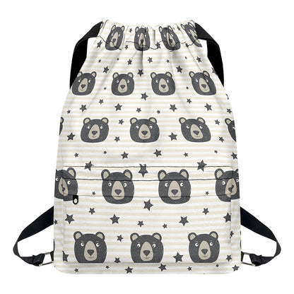 Cute Black Bear Pattern Print Drawstring Backpack