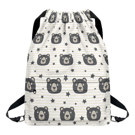 Cute Black Bear Pattern Print Drawstring Backpack