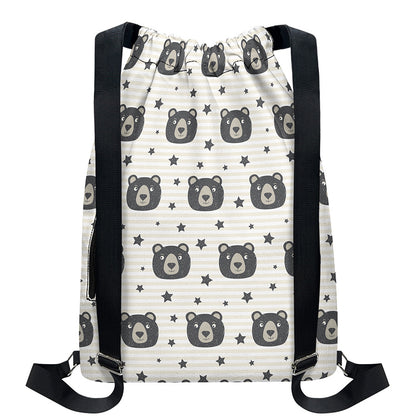Cute Black Bear Pattern Print Drawstring Backpack