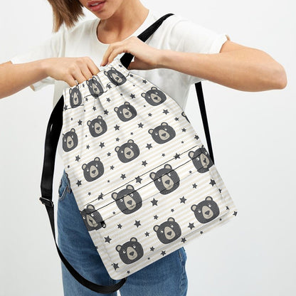 Cute Black Bear Pattern Print Drawstring Backpack