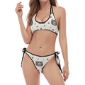 Cute Black Bear Pattern Print Halter Scoop Tie Side Bikini