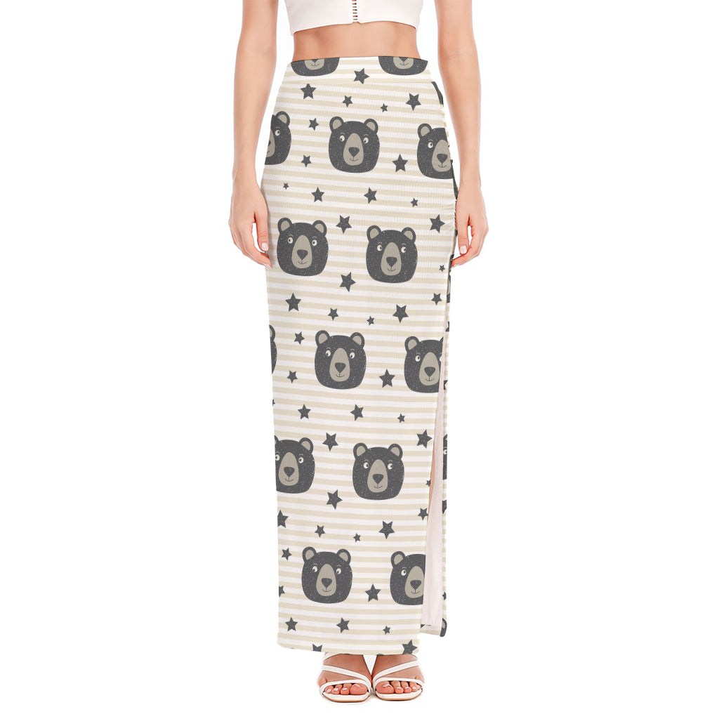 Cute Black Bear Pattern Print High Slit Maxi Skirt