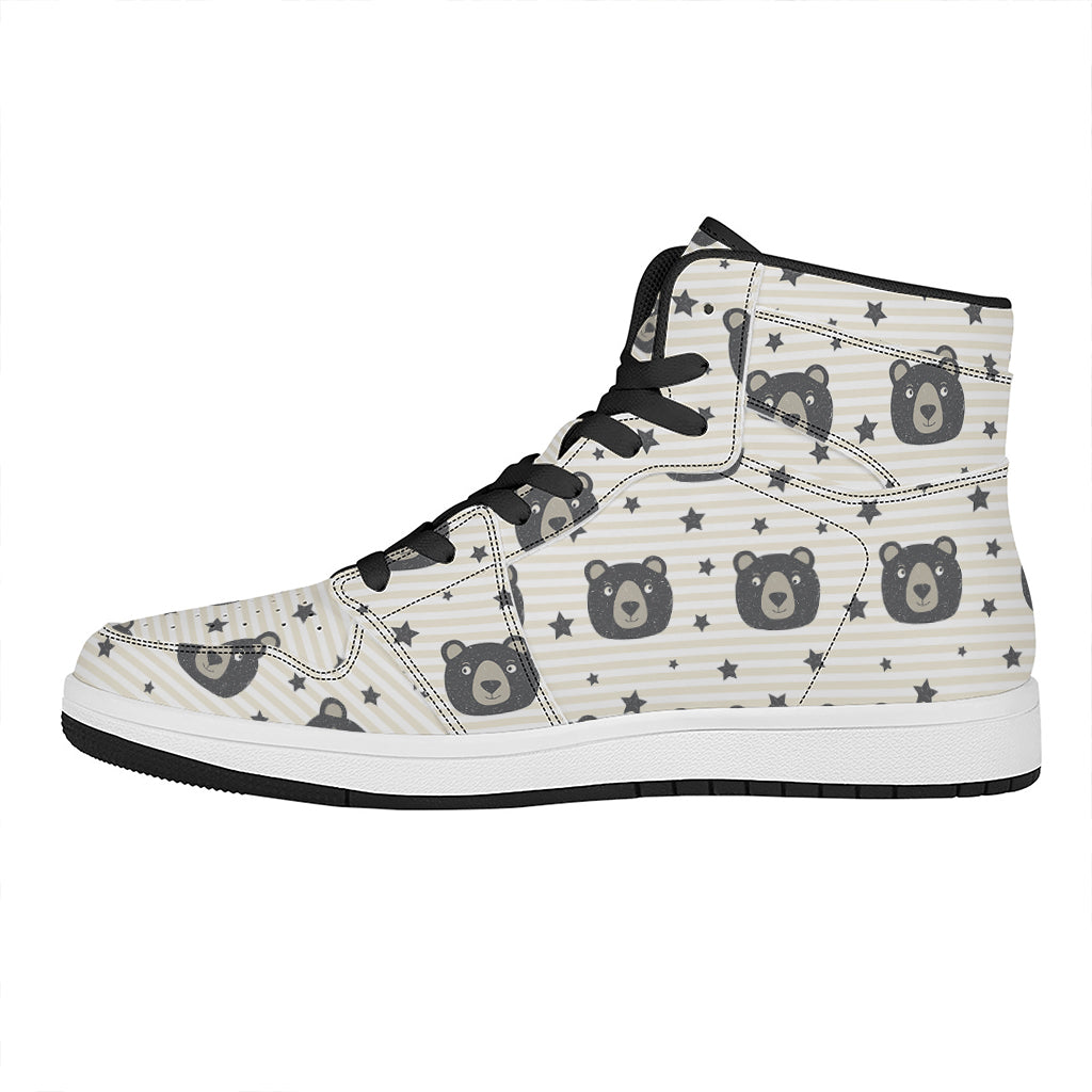 Cute Black Bear Pattern Print High Top Leather Sneakers