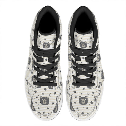 Cute Black Bear Pattern Print High Top Leather Sneakers
