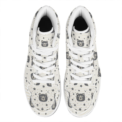 Cute Black Bear Pattern Print High Top Leather Sneakers