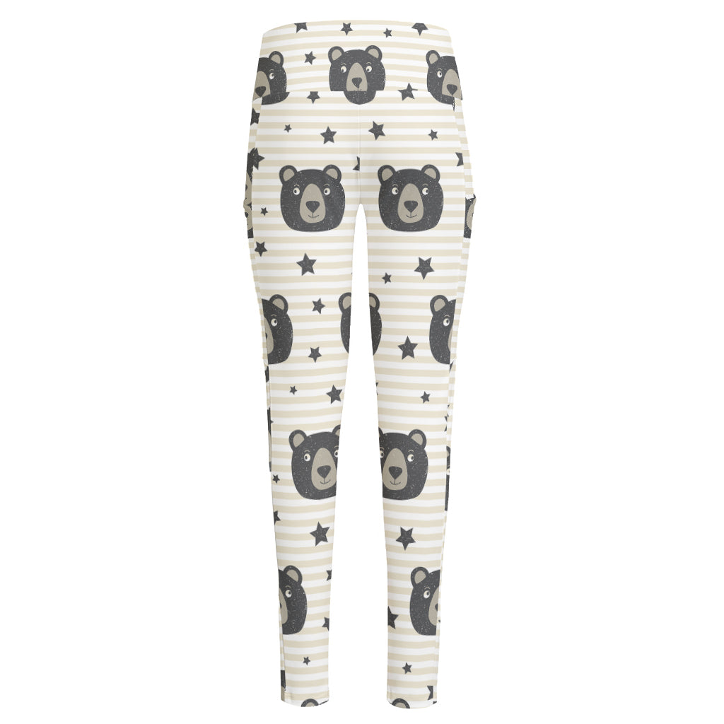 Cute Black Bear Pattern Print High-Waisted Pocket Leggings