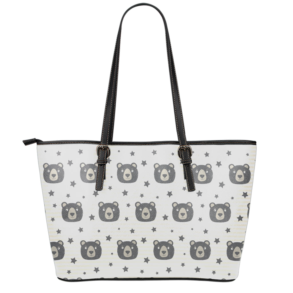 Cute Black Bear Pattern Print Leather Tote Bag