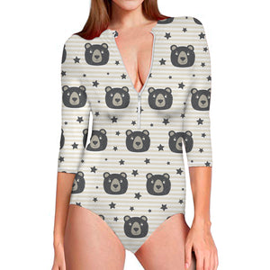 Cute Black Bear Pattern Print Long Sleeve Swimsuit