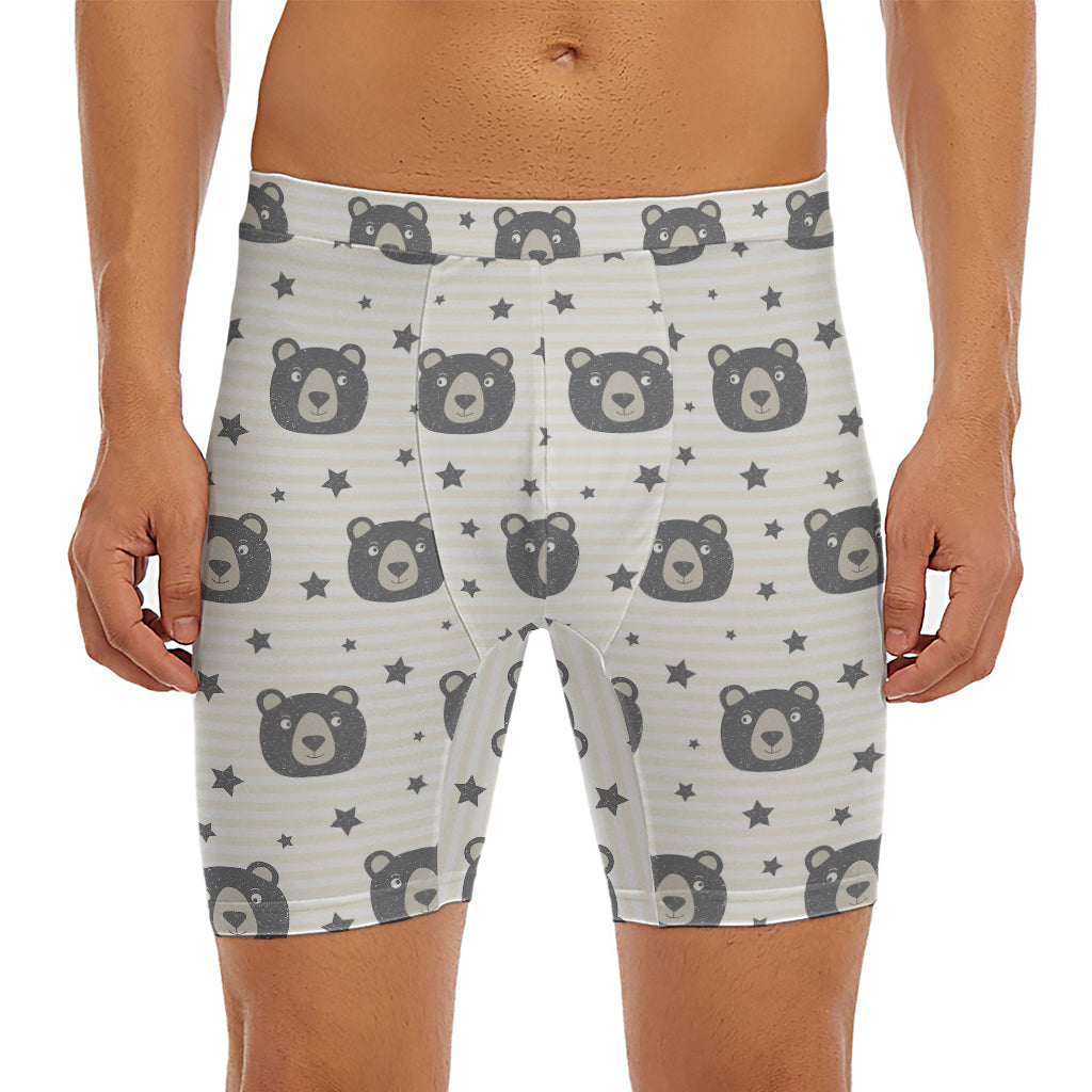 Cute Black Bear Pattern Print Men's Long Boxer Briefs