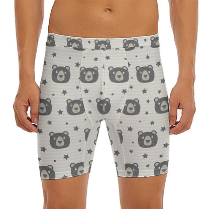 Cute Black Bear Pattern Print Men's Long Boxer Briefs